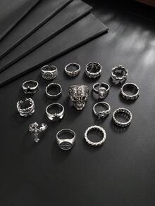 16pcs/Set Vintage Punk Gothic Style Multi-Element Combination Ring Set, Metal Skull Cross Decor Rings, Men's Rock Street Fashion Accessories - Antique Silver - View 4