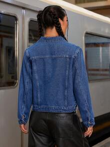 ARWY Women's Washed Denim Jacket, Collar And Long Sleeve, Front Button Short Denim Coat, Suitable For Autumn, Casual Vintage Style - Dark Wash - View 2