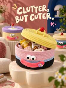 1pc Cartoon Smiling Face Cotton Rope Woven Storage Basket With Lid, Round Desktop Snack Toy Sundries Organizer Box, Living Room Bathroom Home Decor Gift Basket, Multiple Colors Available - Multicolor - View 1