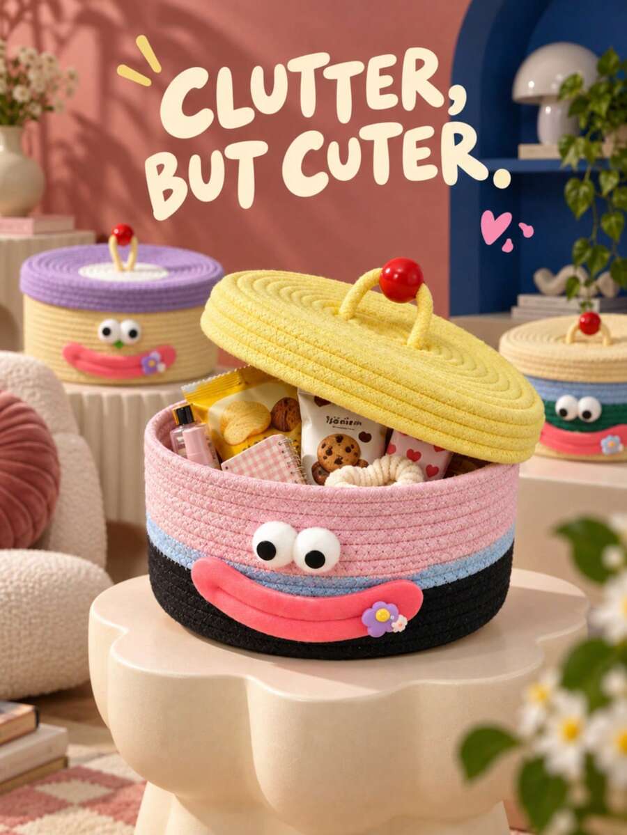 1pc Cartoon Smiling Face Cotton Rope Woven Storage Basket With Lid, Round Desktop Snack Toy Sundries Organizer Box, Living Room Bathroom Home Decor Gift Basket, Multiple Colors Available - Multicolor - View 1