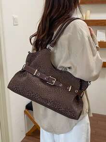 Fashionable Leopard Print Large Capacity Tote Bag, Strap Decor Pleated Versatile Women's Shoulder Bag Underarm Bag, Adjustable Strap Crossbody Bag, Suitable For College, Commuting, Shopping, Street Wear, Daily Use. - Coffee - View 2