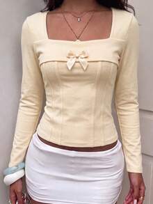 Women's Square Neck Long Sleeve Casual Top Spring/Autumn/Winter Women's Clothing Set - Apricot - View 2
