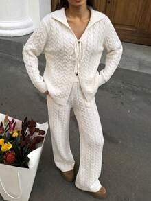 VIBEWAVE White Collared Tie-Up Cable Knit 2 Pieces Set, European & American Casual Relaxed Style Cable Long Sleeve Top + Wide Leg Pants, Spring/Autumn Home, Cafe, Travel Slouchy Outfit Set - White - View 4