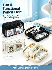 Large Capacity Pencil Case, Multi-Compartment Stationery Storage Bag With Transparent Window, Portable Desktop Organizer, Aesthetic Multi-Layer Design Makeup Bag, Suitable For Office, Travel And Daily Use, Back To School Gift - Multicolor - View 9