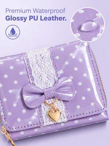 Women's Shiny Polka Dot Bow Trifold Wallet, PU Leather Short Wallet With Lace Decoration, Heart Charm And Zipper Coin Pocket - Multicolor - View 5
