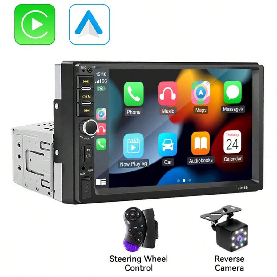 7吋單DIN汽車音響，支援Apple CarPlay，高畫質觸控螢幕藍牙投屏車載音響，AM/FM、USB、EQ、SWC，可選配8-LED倒車攝影機