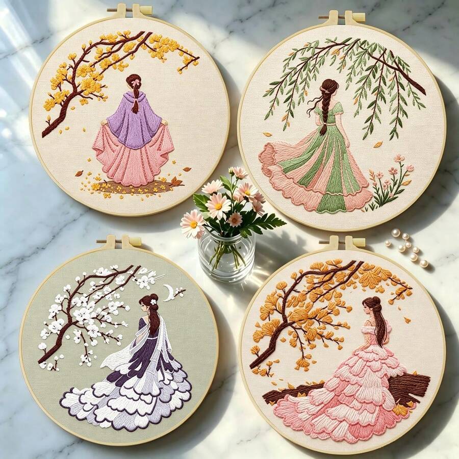 1PC 15*15cm/5.9*5.9in 20*20cm/7.9*7.9in,Woman In A Long Dress Embroidery Kit, DIY Handmade Embroidery Set For Adult Beginners, Home Gift, Women's Sewing Gift, Including User Manual, Printed Pattern Fabric, Embroidery Frame, Needle And Thread.