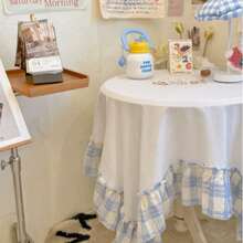 1pc Ins Style Blue Striped Ruffle Edge Cute Korean Style Tablecloth, Vintage Multi-Functional Cover Cloth, Sweet Girly Design, Suitable For Holidays And Daily Decoration - White - View 7