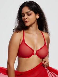 Deyllo Women's Front Closure Deep V Bra, Sheer Unlined Underwire, Lightweight Breathable Racerback, Elegant Everyday Style - Red - View 2