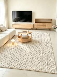 1pc Cream Style 3D Rhombus Jacquard Carpet, Thick Soft Skin-Friendly High-Density Plush Bedside Rug, Ins Natural Wood Wabi-Sabi Style Premium Minimalist Textured Floor Mat, Bedroom Living Room Bay Window All-Season Versatile Atmospheric Home Decor Rug - Multicolor - View 1