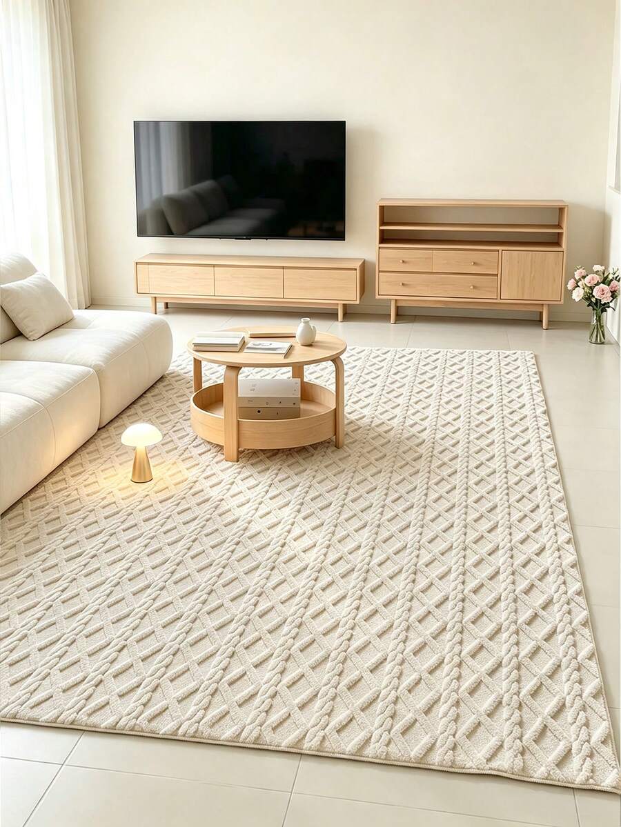 1pc Cream Style 3D Rhombus Jacquard Carpet, Thick Soft Skin-Friendly High-Density Plush Bedside Rug, Ins Natural Wood Wabi-Sabi Style Premium Minimalist Textured Floor Mat, Bedroom Living Room Bay Window All-Season Versatile Atmospheric Home Decor Rug - Multicolor - View 1