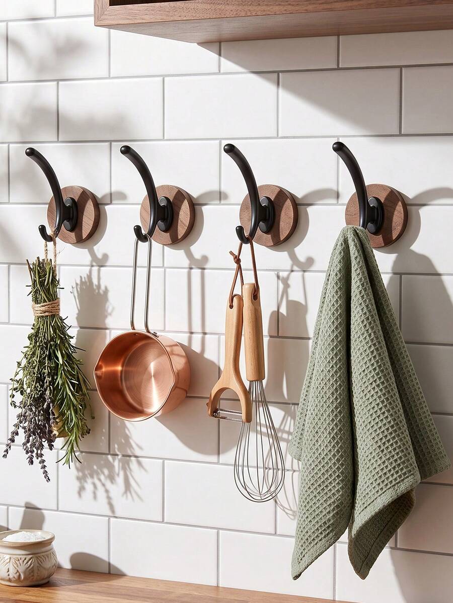 Wood Base Kitchen Wall Hooks, Multi‑Purpose Hanging Rack To Organize Kitchen Utensils And Save Counter Space, Holds Kitchen Towels, Small Pots, Whisks And Herb Bundles. Drill‑Free Adhesive Installation, Perfect For Home Kitchen Wall - Multicolor - View 1