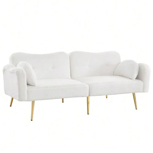 2-Seater Sofa Bed - Modern 2-Seater Sofa With Adjustable Backrest + Gold-Plated Metal Legs, Integrated Bed Function. Multifunctional 2-In-1 Furniture Piece. - White - View 1