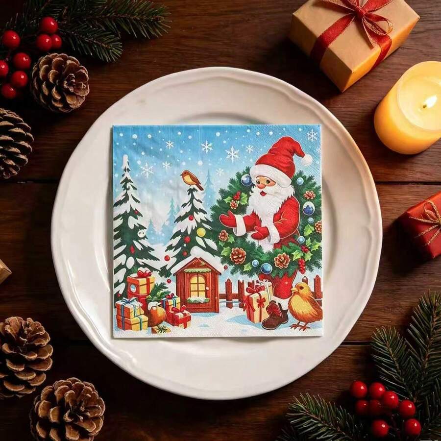 20pcs Vintage Santa Claus Napkins, Christmas Tree & Gift Pattern, Christmas Theme Western Banquet Decoration Paper - Regular Model - View 1