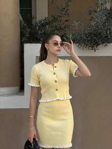 Women's Ribbed Knit Dress Set, Short Sleeve Cropped Top With Fitted Bodycon Skirt, Ruffle Trim And Decorative Buttons, Casual With Slight Stretch - Yellow - View 7