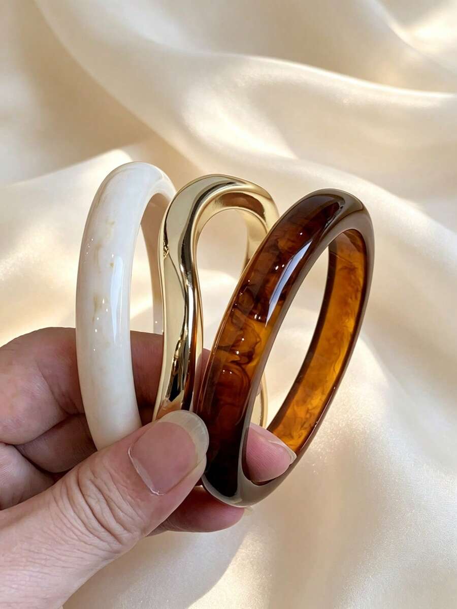 3件組時尚復古粗款多色不對稱壓克力手環套組,適合女性日常配戴,送給朋友與家人的禮物 - 彩色 - 查看 1