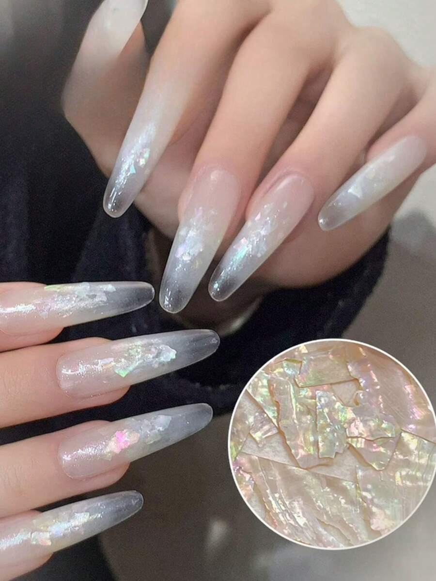 1盒秋季自然虹彩白色貝殼碎片美甲材料,秋冬氛圍主題,柔和極光珍珠光澤,聖誕美甲DIY裝飾,精緻百搭美甲裝飾配件 - 彩色 - 查看 1
