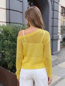 Women's Off Shoulder Hollow Out Knit Top, Loose Lightweight Pullover, Casual Summer Beach Vacation Cover Up - Yellow - View 7