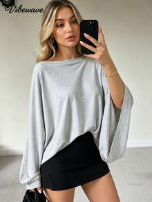 VIBEWAVE Fashionable Batwing Sleeve Loose Lightweight Cape-Style Cinched Waist T-Shirt Casual Design Cape Top - Light Grey - View 2