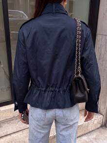1件女款時尚純色長袖前拉鍊極簡休閒短夾克，卡其色高領長袖夾克，附鈕扣細節與口袋，常規下擺，無彈性 - 藏蓝色 - 查看 5