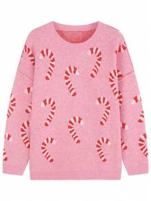 Plus Size Women's Christmas Candy Cane Jacquard Knit Sweater, Round Neck Drop Shoulder Loose Fit Casual Holiday Pullover For Autumn/Winter - Pink - View 5