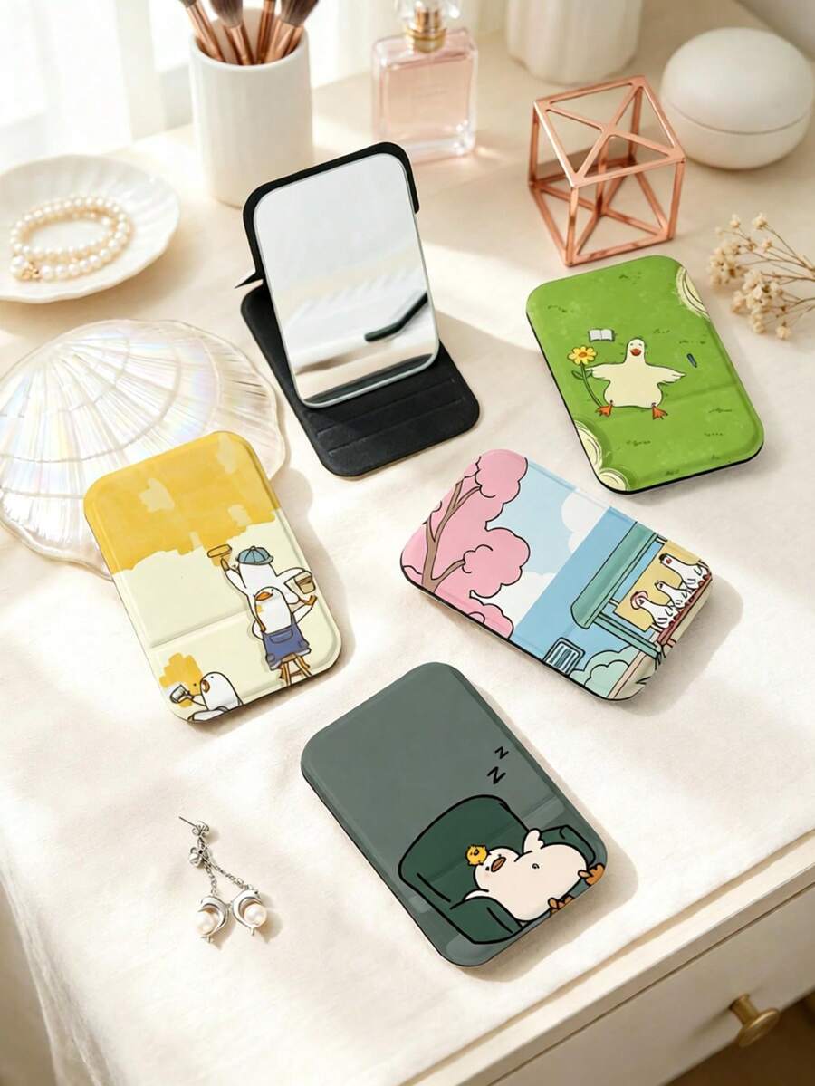 1 chiếc gương trang điểm gấp gọn cầm tay series minh họa INS, siêu mỏng nhẹ, tiện lợi bền bỉ, da PU, phù hợp cho nhiều dịp du lịch, tiệc tùng, đi làm, đi học, dành cho mọi lứa tuổi - Nhiều màu - Xem 1