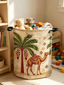 2D Flat Date Palm Tree Pattern Makeup Storage, Decorative Bohemian Style Laundry Basket, Round Laundry Basket, Craft And Sewing Supplies Storage, Camel, Date Palm Tree Pattern - Suitable For Bathroom Storage, Bedside Organizer With Sturdy Handle Storage Basket For Room Decoration, Laundry Basket - Multicolor - View 6