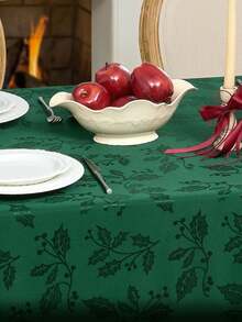 1pc Splash-Proof Winter Holly Element Pattern Jacquard Decorative Tablecloth Cover, Washable Polyester Fabric, Multiple Sizes Square Dining Table Cloth, Suitable For Decoration, Dinner, Gathering, Event, Party Etc. - Dark Green - View 6