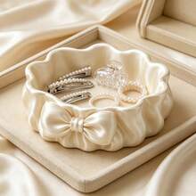3D Printed Bow Hair Accessory Storage Tray, Silk Satin Desktop Storage Box, Mini Cosmetic Jewelry Storage Tray, Suitable For Rings, Necklaces, Earrings, Hair Clips, Hair Ties And Other Small Items Storage Tray, Small Object Organizer Box, Suitable For Bedroom Bathroom Desktop Decoration, Bathroom Accessories - White - View 2