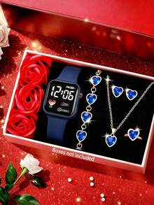 Fashionable 6 Pieces Rhinestone Jewelry Set, Women Pink PVC Strap Stylish Square Dial Digital Watch And Heart Rhinestone Jewelry Necklace/Suitable For Daily Wear, Valentine's Day Gift - Pink - View 17