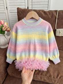 Girls' Cute Gradient Color Ruffle Knit Pullover Sweater, Suitable For Vacation, Daily Wear, Spring, Autumn, Winter - Pink - View 2