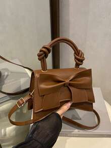 Solid Color Pleated Edge Handbag, Flap Crossbody Bag For Women, Retro Floral Print Tote,Business Professional Women - Coffee - View 2