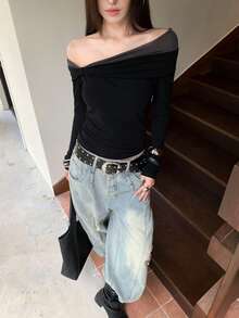 Women's Black Off-Shoulder Knit Top, Long Regular Sleeves, Medium Stretch Fabric, Twisted Detail, Regular Length, Suitable For Autumn Wear - Black - View 11