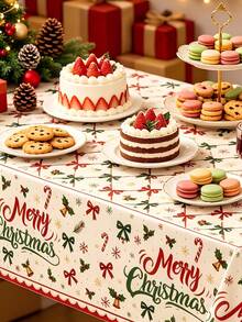 1Pc/3Pcs Christmas Plastic Tablecloth Rectangular, Merry Christmas Holiday Dining Decor, 54x108 Inch Classic Red & Cream Palette, Bow, Bell, Snowflake Vintage Pattern Winter Table Cloth, Xmas Party Decorations - Christmas Bow - View 6