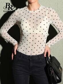 BADDIE REALM Atasan Jala Lengan Panjang Slim Fit Wanita Motif Polkadot, Elastis, Pakaian Dasar Sehari-hari - Putih - View 6