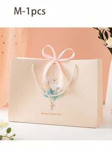 1/5PCSins Floral Print Gift Tote Bags, Pink Bow Favor Bags, Multiple Sizes Holiday Gift Packaging Paper Bags - Multicolor - View 10