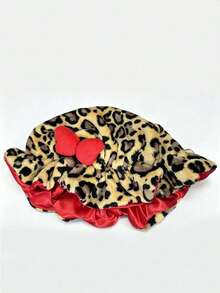 Women Leopard Print Plush Satin Teddy Bonnet-Elastic With Bow, Cute Ear Design Night Hair Wrap For Hair Protection - A - View 10