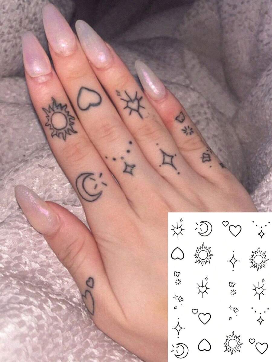 1張迷你手指臨時紋身貼紙,細線太陽月亮愛心星星蝴蝶小假紋身,Ins風甜酷身體彩繪,適合女性,防水手指裝飾 - 黑色 - 查看 1