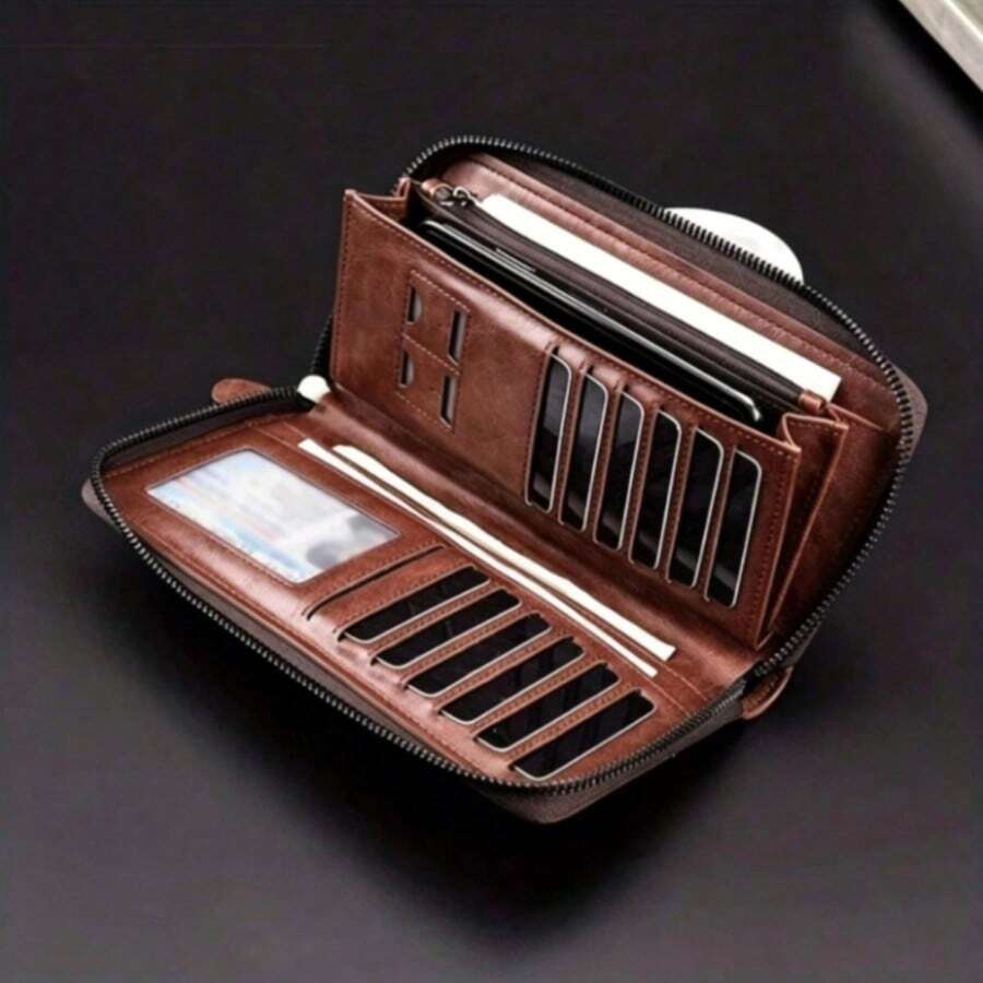 Men's Long Zipper Wallet, PU Leather Material, RFID Anti-Theft Business Clutch Bag, Large Capacity Multi-Card Slots, Business Casual Style, Birthday Gift, Graduation Gift, Father's Day Gift - Brown - View 1