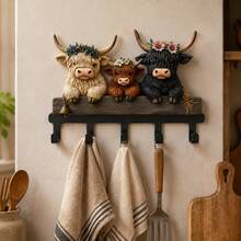 3pcs Highland Cow Metal Kitchen Hooks, Farm Animal Decorative Hangers, Suitable For Kitchen Entrance, Spoon, Towel, Pot Rack Hooks, Keys, Bags, Country Style, Decorative Rack - Black and White - View 1