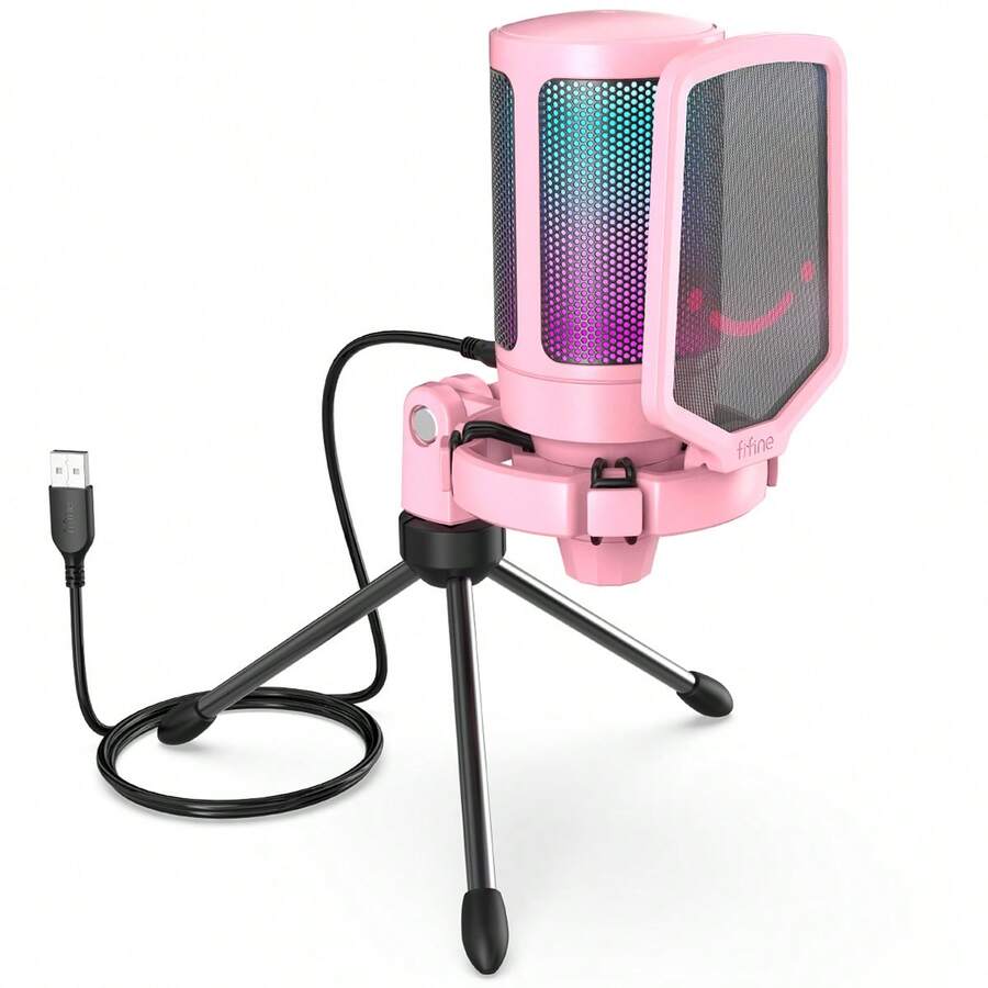 Mikrofon Gaming USB FIFINE A6V AmpliGame Pink, Mikrofon Kondensor RGB untuk PC, Indikator RGB, Kontrol Gain, Peredam Suara Cepat, Dudukan Tripod, Filter Pop, Pola Pickup Cardioid, Untuk Streaming Discord Twitch Podcast