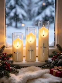 3pcs/Set Holiday Atmosphere Hot-Selling Religious Series Cross Electronic Candle Light Decor, Living Room Bedroom Bedside Table Ornament, Night Light Suitable For Multiple Scene Decoration - Beige - View 3