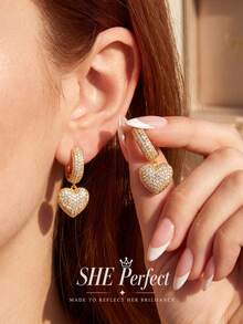 1 Pair Shiny Zirconia Heart-Shaped Earrings, Suitable For Women's Daily Wear, Wedding Party, Birthday Anniversary Jewelry Gift - Love 4 - View 7