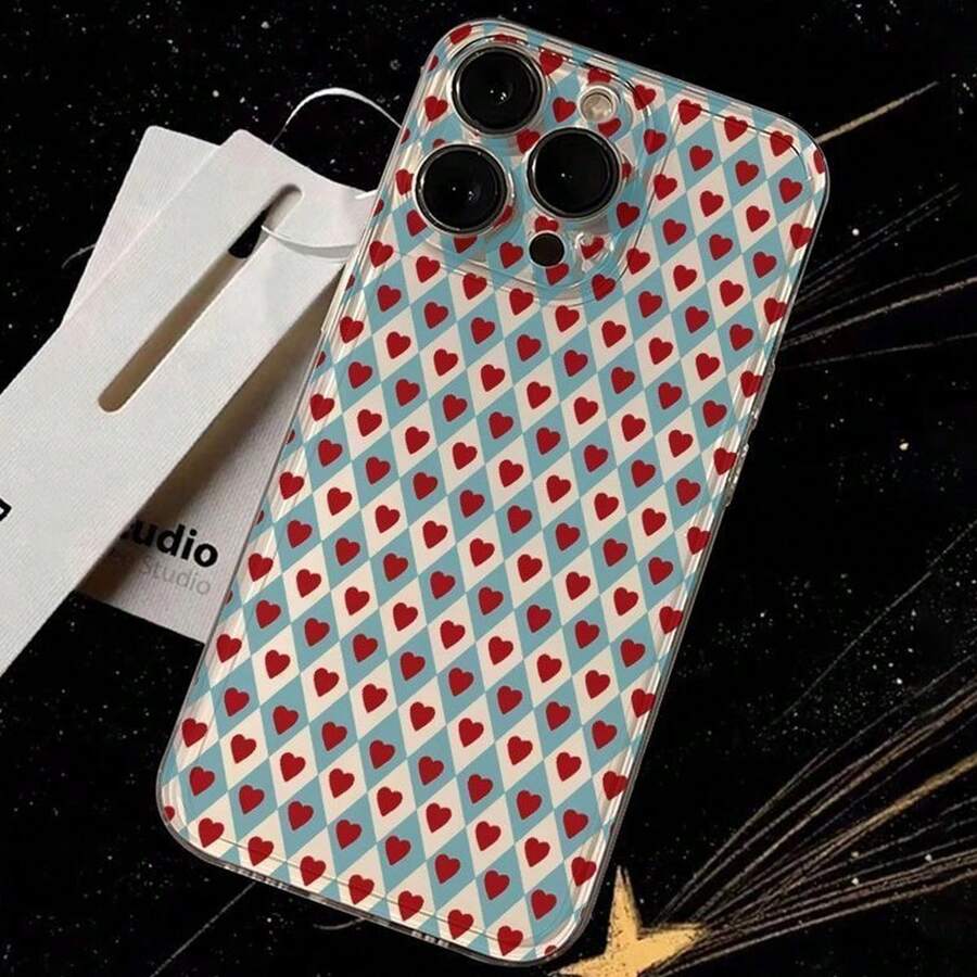 A Blue Diamond Grid Full Red Heart Transparent Phone Case With A Fresh Checkerboard Pattern Heart-Shaped Design Suitable Compatible With Apple 17 Promax/11/12/13/14 Plus/15/16 Pro - Multicolor - View 1