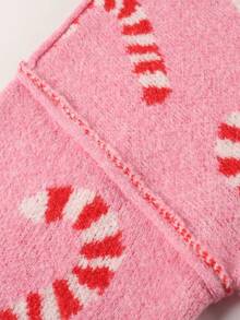 Plus Size Women's Christmas Candy Cane Jacquard Knit Sweater, Round Neck Drop Shoulder Loose Fit Casual Holiday Pullover For Autumn/Winter - Pink - View 8