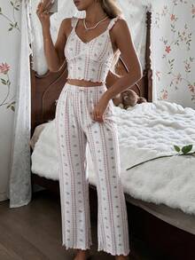 Women's Floral Print Camisole & Long Pants Casual Pajama Set - White - View 3