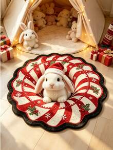 1pc Red & White Striped 3D Christmas Bunny Shaped Rug, Christmas Style, Christmas Festival, Decorative Carpet, Bedroom Decor, Small Rug, Carpet, Home Decor, Living Room Rug, Living Room Small Rug, Bedroom Carpet, Living Room Home Decor - Multicolor - View 1
