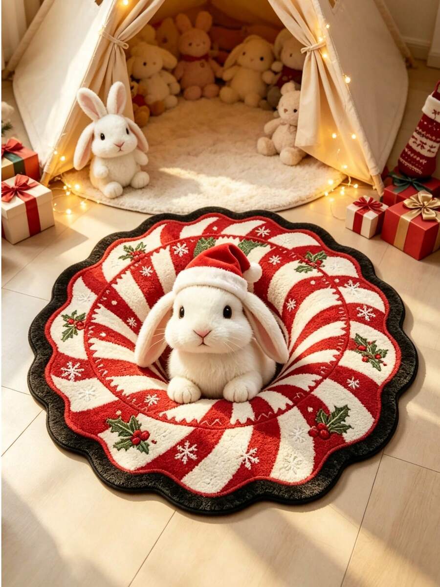 1pc Red & White Striped 3D Christmas Bunny Shaped Rug, Christmas Style, Christmas Festival, Decorative Carpet, Bedroom Decor, Small Rug, Carpet, Home Decor, Living Room Rug, Living Room Small Rug, Bedroom Carpet, Living Room Home Decor - Multicolor - View 1