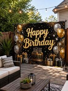 1pc Black & Gold Birthday Backdrop, Luxury Polyester Party Background With Cake, Gift Box And Star Elements, Suitable For Adult Boys & Girls Birthday, Photo Booth, Dessert Table - Multicolor - View 2
