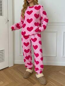 Sweet & Cool Contrast Color Heart Flannel 2-Piece Loungewear Set, All-Over Heart Pattern Vibrant & Playful, All-Match Crew Neck Design Simple & Timeless. Soft Plush Long Fur Skin-Friendly Warmth-Locking, Loose Fit Non-Restrictive, Easy Movement, Complete Set Effortless & Versatile, Suitable For Daily Home, Dorm Wear, Easily Create A Lazy Girl Look - Hot Pink - View 5